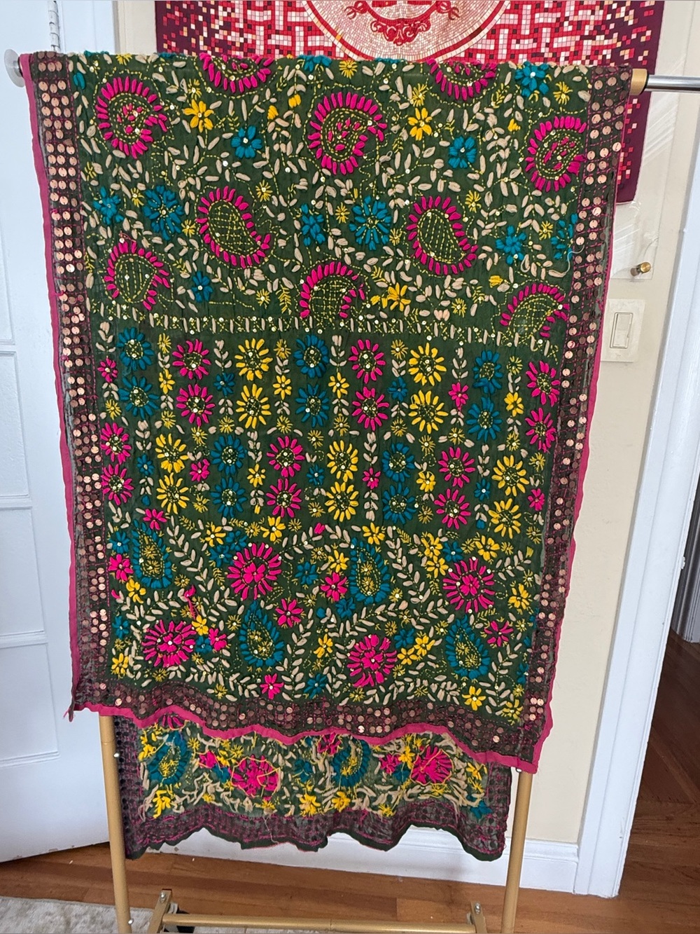 Indian Phulkari Embroidered Scarf / Dupatta Handmade Made and Bought in India - Picture 3 of 4